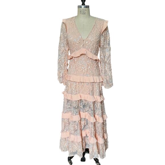 Maje Pale Pink Ruffled V-Neck Sequin Party Formal Dress Size 36/ US 4 - Picture 6 of 14